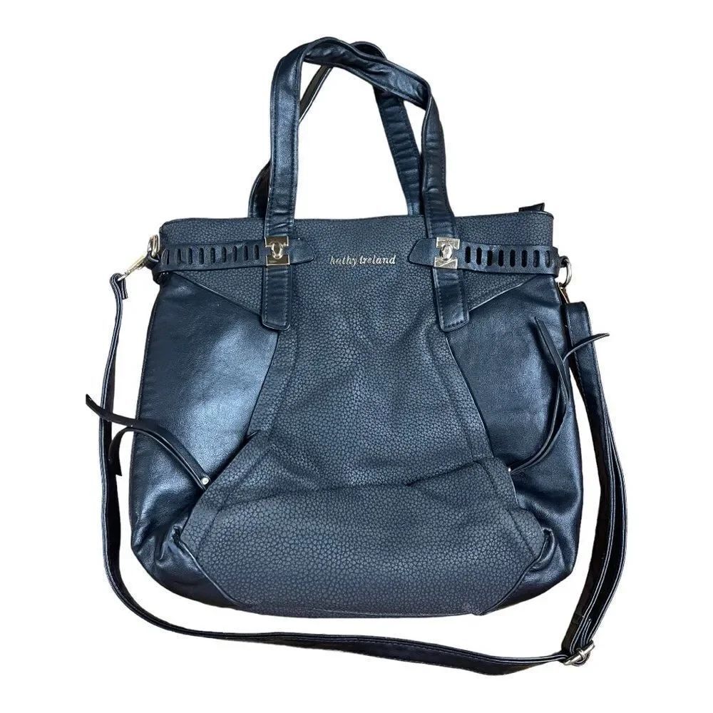 Kathy Ireland Faux Leather Black Moto Shoulder Bag Large Modern Crossbody EUC